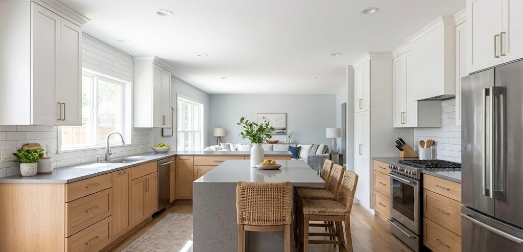 A bright, transitional Dallas kitchen featuring white upper and light oak lower shaker cabinets, and a grey quartz waterfall island with woven stools.